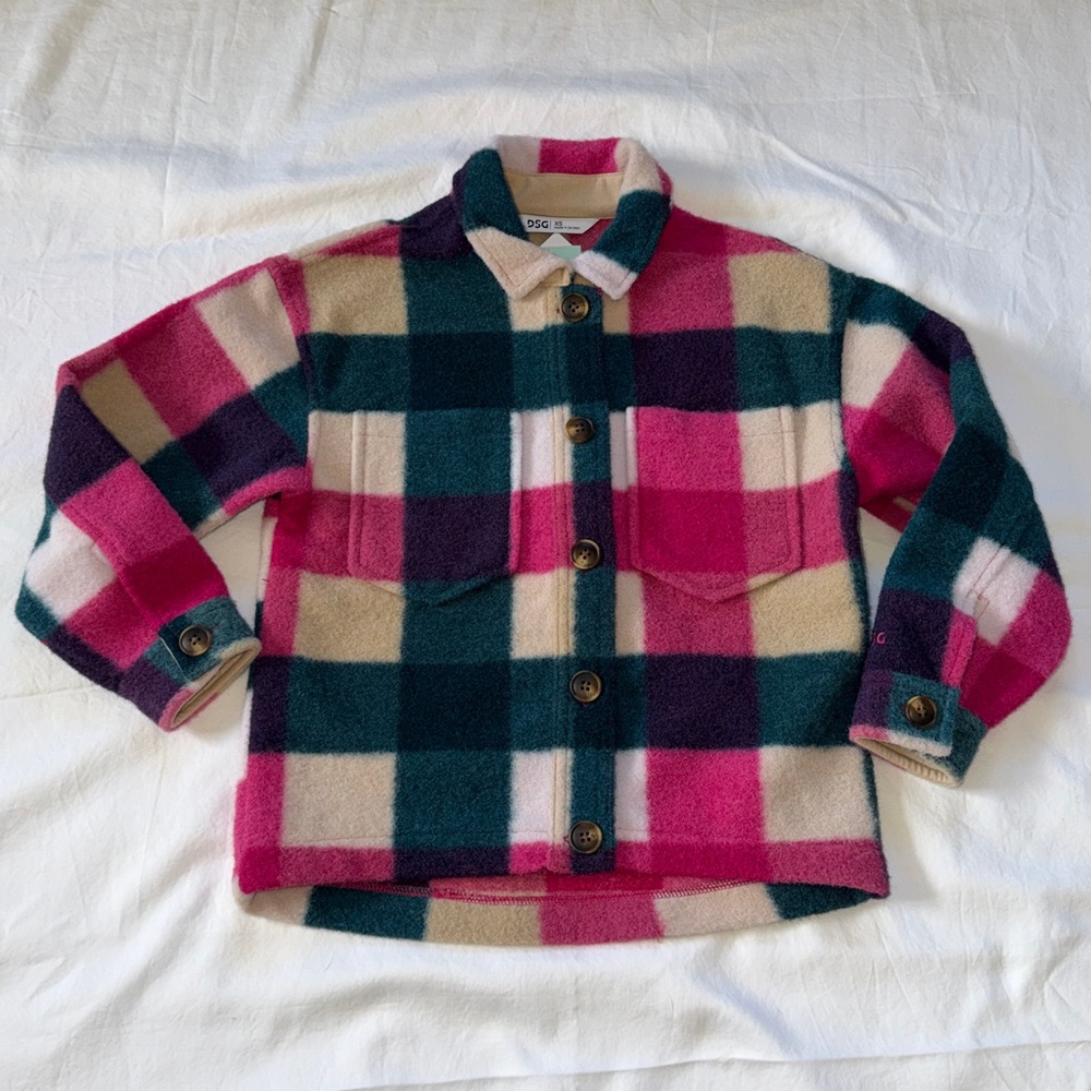 NWT DSG Girls Plaid Fleece Shacket In Raspberry Ice Size XS